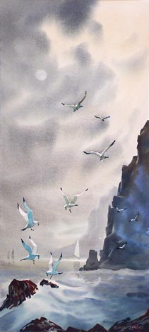 Robert Landry 1921-1991, Foggy Morning Seaside, watercolor, 12 x 25.5