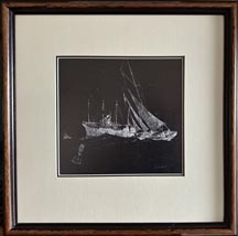 Arthur Beaumont, Ship, Sailboat and Buoy, print of a scratchboard