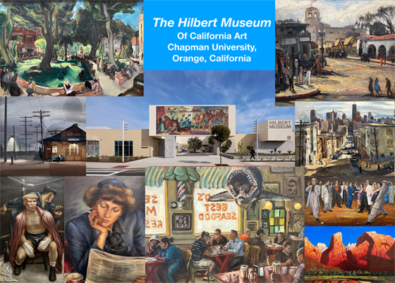 Postcard with a collage of paintings from the Hilbert Museum of California Art in Orange, California
