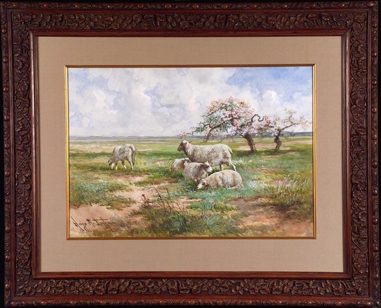 Hugo Anton Fisher Sheep in Spring Meadow with Frame