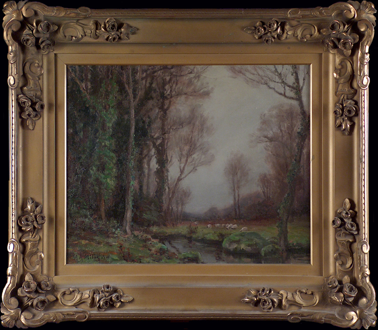 Anna Hills Wooded Stream and Sheep with Frame