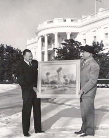 John Hilton presents his painting to Ike's Oval Office in 1957