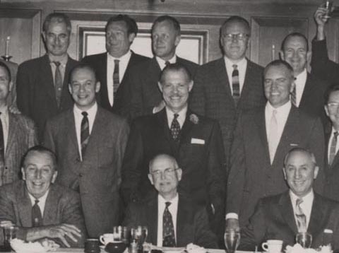 Joshua Meador pictured with Walt Disney and other pioneers of early animation at Ben Sharpsteen's Retirement Dinner in February 1959