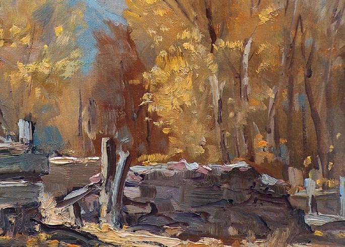 Joshua Meador's painting "Quaking Aspens" close up