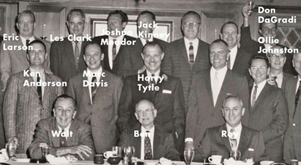 Joshua Meador with Walt Diney and other pioneers of animattion at Ben Sharpsteen' Retirement dinner in February 1959