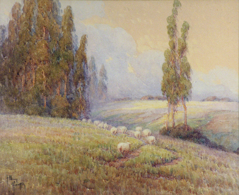 Grace Allison Griffith, "Sheep, Hills and Eucalyptus," 13 1/2 x 16 1/2 Watercolor on paper