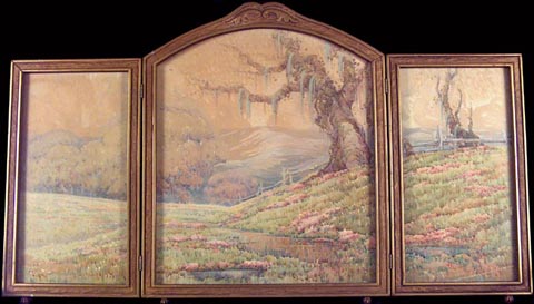 Grace Allison Griffith, Mossy Oak and Pasture (triptych) center panel 18 1/2 x 15 1/2 left and right panels 15 1/2 x 8 Overall measurement with feet 21.5 x 38 Watercolor on paper