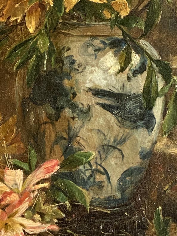 American School, Lilies in blue and white porcelain, unsigned closeup