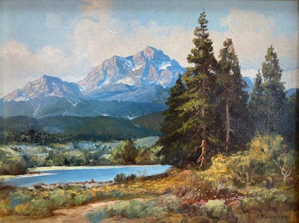 Alexander Dzigurski, the Eastern Sierra, a small Alpine lake with pine trees with a mountain in the distance