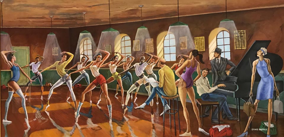 Ernie Barnes, Dance Studio, 2002, Acrylic on paper Collection of Rebecca and Troy Carter 