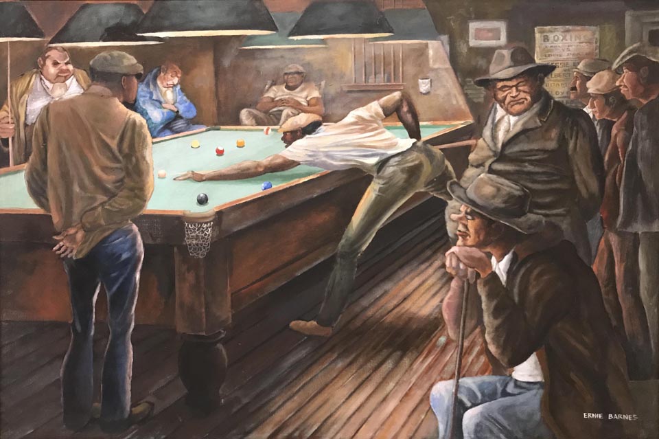 Ernie Barnes, Pool Hall, 1970, Acrylic on canvas Collection of the California African American Museum, gift of Beatrice and Irving Zeiger 