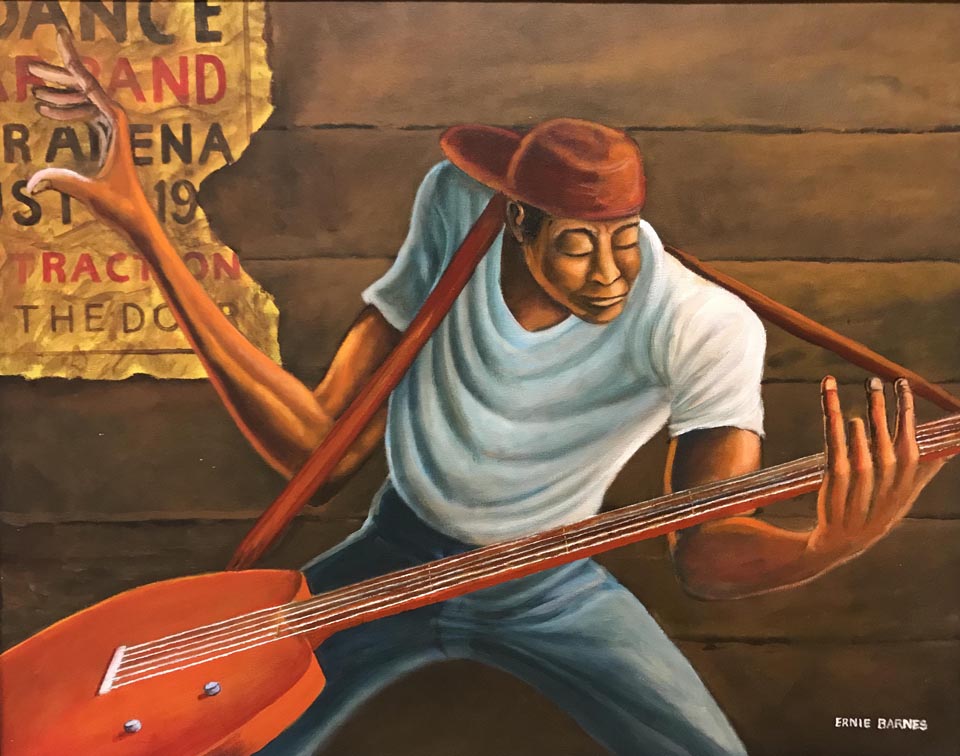 Ernie Barnes, Red Guitar, 2005, Acrylic on canvas, Collection of Ray Parker Jr.
