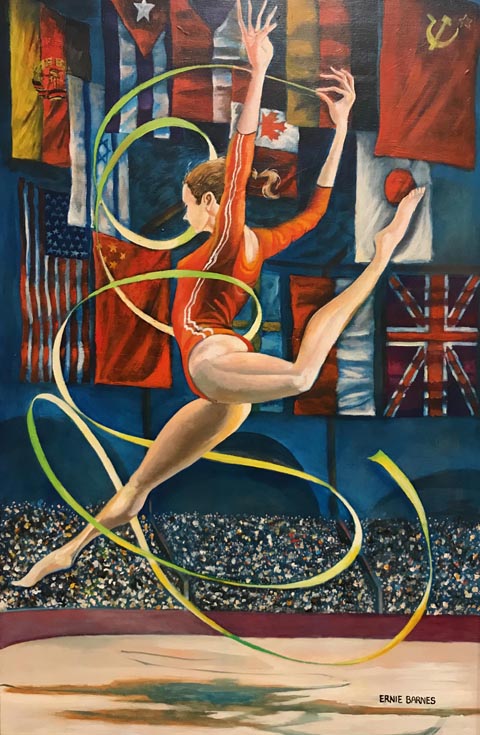 Ernie Barnes, Rhythmic Gymnist, 1984, Acrylic on canvas Private collection President of the LA Olympic Organizing Committee, Peter Ueberroth said Ernie Barnes "captured the essence of the Olympics." Barnes was choses as the official sports aratist of the 1984 Los Angeles Olympic Games.