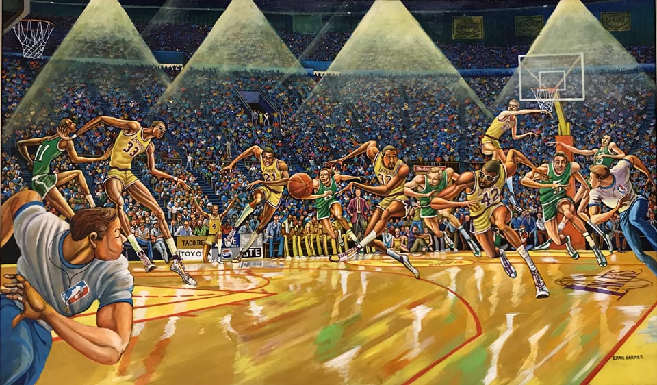 Fastbreak, 1987, commissioned by Lakers owner Jerry Buss in celebration of the team's NBA Championship that year.  The painting features Magic Johnson, Kareem Abdul Jabbar, James Worthy, Kurt Rambis and Michael Cooper.  Collection of the Los Angeles Lakers, Inc.