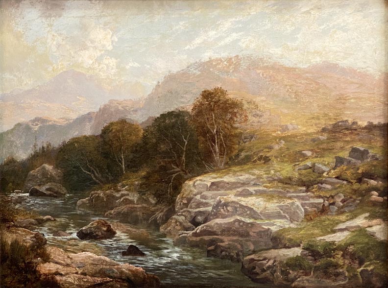 Hugo Anton Fisher, Rocky River Landscape, Hudson River School, probably an Eastern scene from when HA Fisher painted in New York
