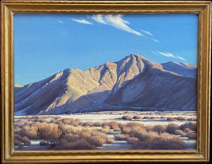 Clyde Forsythe, Late Afternoon, desert scape with distant mountain, clear blue sky and desert plants on the desert floor in the foreground
