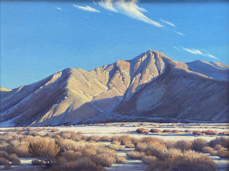 Clyde Forsythe, Late Afternoon, desert scape with distant mountain, clear blue sky and desert plants on the desert floor in the foreground