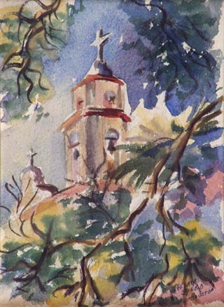 Bell Tower, San Luis Rey Mission Watercolor, 10 1/8 x 8 1/4 Thelma Speed Houston, 1914-2000