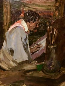 Portrait of Charles S Graham at work on his easel.  