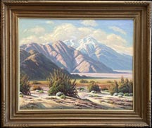 Paul Grimm, Desert Charm, a scene with desert verbena in the foreground and Mt. San Jacinto in the background