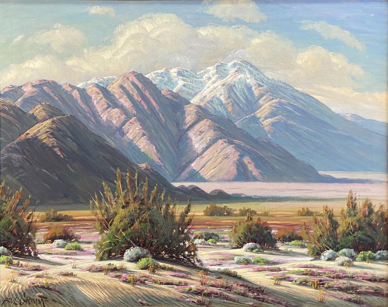 Paul Grimm, Desert Charm, a scene with desert verbena in the foreground and Mt. San Jacinto in the background