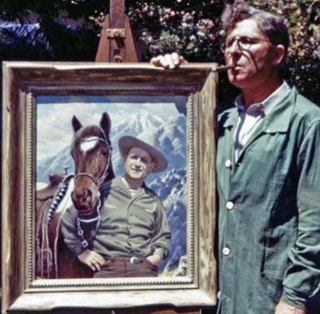 Paul Grimm standing with cigar  along with his portrait of his friend Gene Autrey with Mt. San Jacinto in the background
