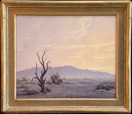 John W Hilton, Desert at Evening, an atmospheric desert scene in pinks, purples in the light just after sunsent.  a silhouetted dead tree with purple distant mountains backlit by the recent sun setting