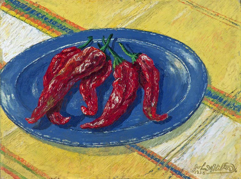 John W Hilton Red Chilies on a Blue Plate