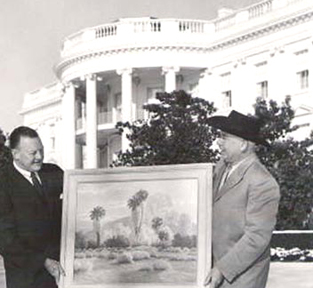 John W. Hilton offering a gift to adorn President Eisenhower's Oval Office on Inauguration Day, 1957. 