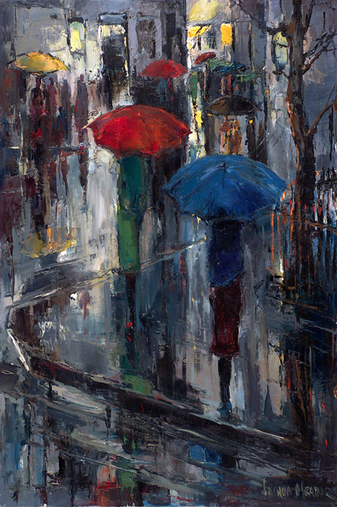Joshua Meador, Rain People, date unknown a rainy evening in San Francisco (Ok, San Francisco isn't a small town, but its a great painting.)  Private collection, sold by Bodega Bay Heritage Gallery