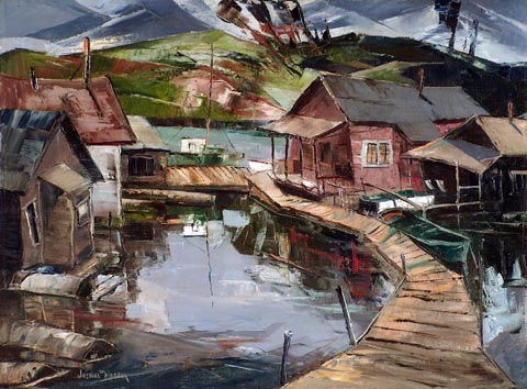 Joshua Meador, River Homes, date and exact location unknown a scene of river shacks along the Sacramento River Private Collection, sold by Bodega Bay Heritage Gallery