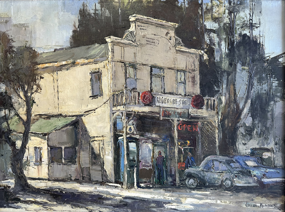 Joshua Meador, Riverfront Store, c1950-1955. (believed to be done along the Russian River) VW Bugs were just beginning to arrive in the US at this time. Availalbe for sale, Bodega Bay Heritage Gallery