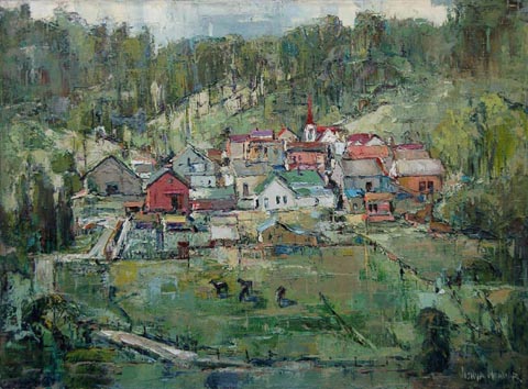 Joshua Meador,Village in the Valley, 1955-1960 A scene of the town of Cambria, south of Hearst Castle Private Collection, sold by Bodega Bay Heritage Gallery