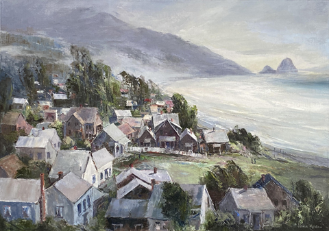 Joshua Meador, Village by the Ocean, date unknown (Cannon Beach, Oregon, with Haystack Rock in the background)  Available for sale, Bodega Bay Heritage Gallery