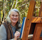 Linda Sorensen at Easel at Monte Rio Redwood Cabin Studio