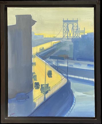 Maury Lapp, Manhattan Bridge, a modern painting in blue city hues with the yellow bridge deck bisecting the frameyellow, with a pleasing "S" composition.