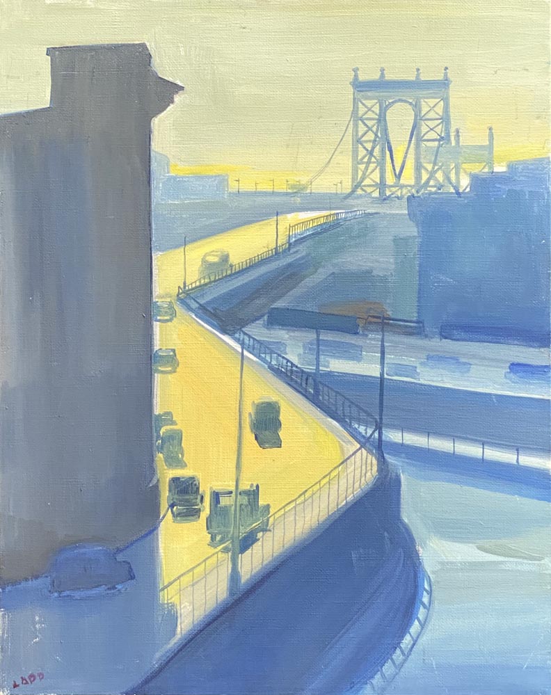 Maury Lapp, Manhattan Bridge, a modern painting in blue city hues with the yellow bridge deck bisecting the frameyellow, with a pleasing "S" composition.