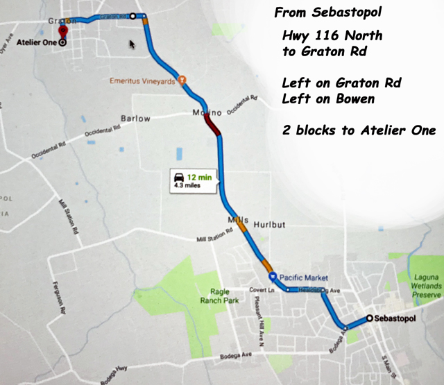 Map from Sebastopol to Atelier One in Graton