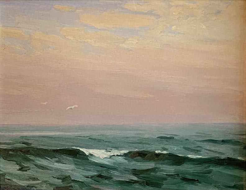 Jean Mannheim, Sunset Glow, a post sunset seascape with dark turquois waters with a mild wave, and a gull flying against a pink sky with pale blues above