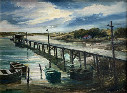 Joshua Meador 1911-1965, "Bodega Pier" (Bodega Bay) # 277  courtesy of the Meador family  Oil on Linen, 20 x 27  $6,500
