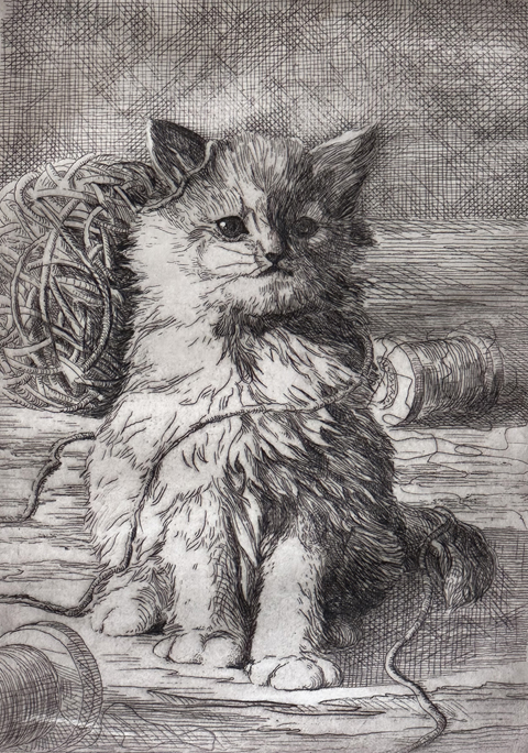 Joshua Meador, Cat with Ball of Yarn, c1935, etching