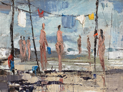 Joshua Meador, 1911-1965, Figures on a Beach, oil on board, 6 x 8, #1,500