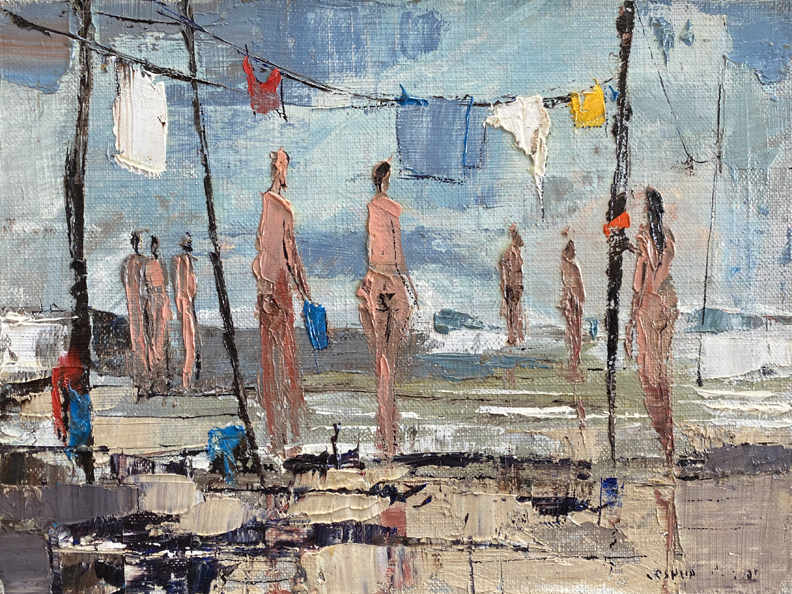 Joshua Meador, 1911-1965, Figures on a Beach, oil on board, 6 x 8, #1,500