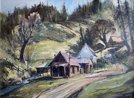 Joshua Meador 1911-1965, "Hill Village " 1951 #720  Oil on Linen, 20 x 27  $6,500 (Label Verso to the left) 