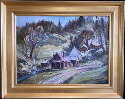 Joshua Meador 1911-1965, "Hill Village " 1951 #720  Oil on Linen, 20 x 27  $6,500 (Label Verso to the left) 