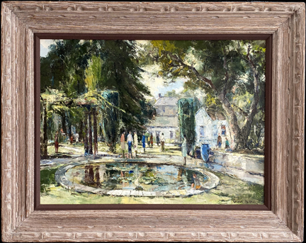 Joshua Meador 1911-1965, "Park" #1768 Oil on Linen, 22 x 30  $8,000, a tranquil scene of a park square with fountain and figures