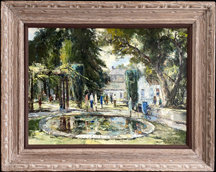 Joshua Meador, Park, a tranquil park square with fountain and figures
