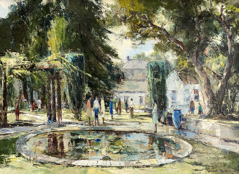 Joshua Meador 1911-1965, "Park" #1768 Oil on Linen, 22 x 30  $8,000, a tranquil scene of a park square with fountain and figures
