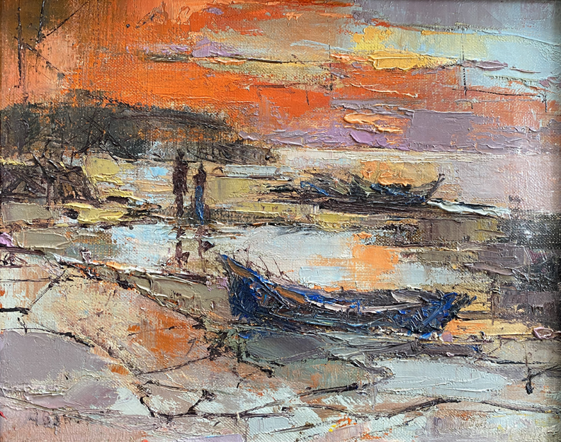 Joshua Meador 1911-1965, Untitled, Red Sunset, Boats on Beach Oil on Linen, 8 x 10 $2,000 