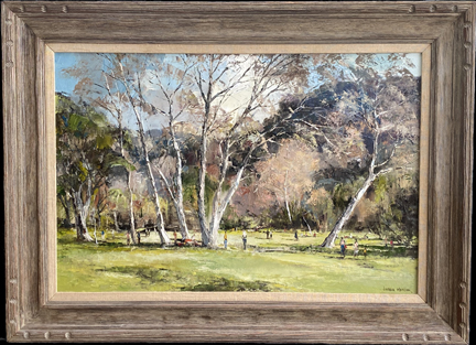 Joshua Meador, 1911-1965, "Strolling in the Park" # 1795  the Meador family collection Oil on Linen, 24 x 36  $11,000
